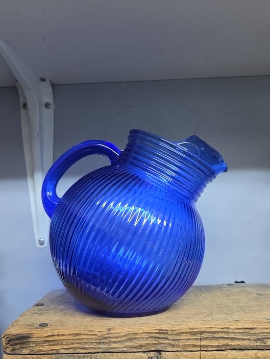 Hazel-Atlas Other - Vintage Hazel Atlas Cobalt Blue Ribbed Tilt Ball Pitcher  1930s Depression Glass